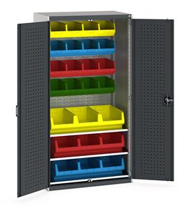 Bott cubio kitted cupboard with lockable steel perfo lined doors 1050mm wide x 650mm deep x 2000mm high.  Supplied with 3 metal shelves, Louvre back panels and 25 open fronted plastic containers.   Bin specification: 16 x no.4, 9 x no.5... Bott1050mm Wide Industrial Tool Cupboards